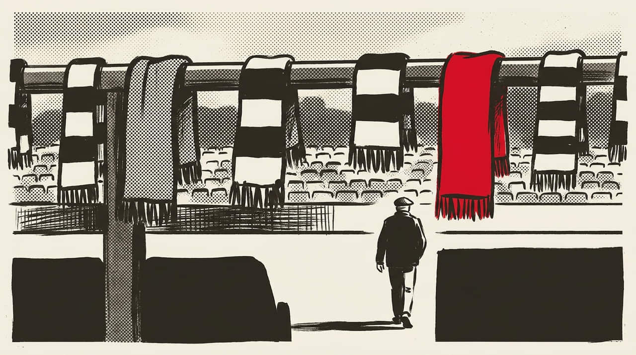Illustration: plain scarves hung over a barrier on an empty terrace, drawn in heavy ink over halftone texture.