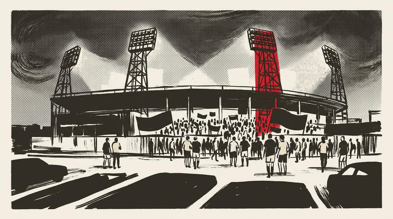Illustration: a floodlit football ground seen from outside at dusk, drawn in heavy ink over halftone texture.