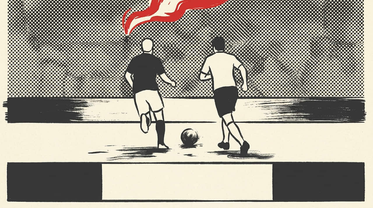 Illustration: two footballers chase a ball across a wet pitch in front of a crowd, drawn in heavy ink over halftone texture.
