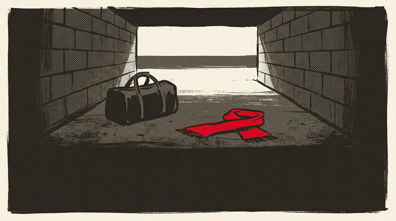 Illustration: an empty players’ tunnel with a bag left on the concrete, drawn in heavy ink over halftone texture.
